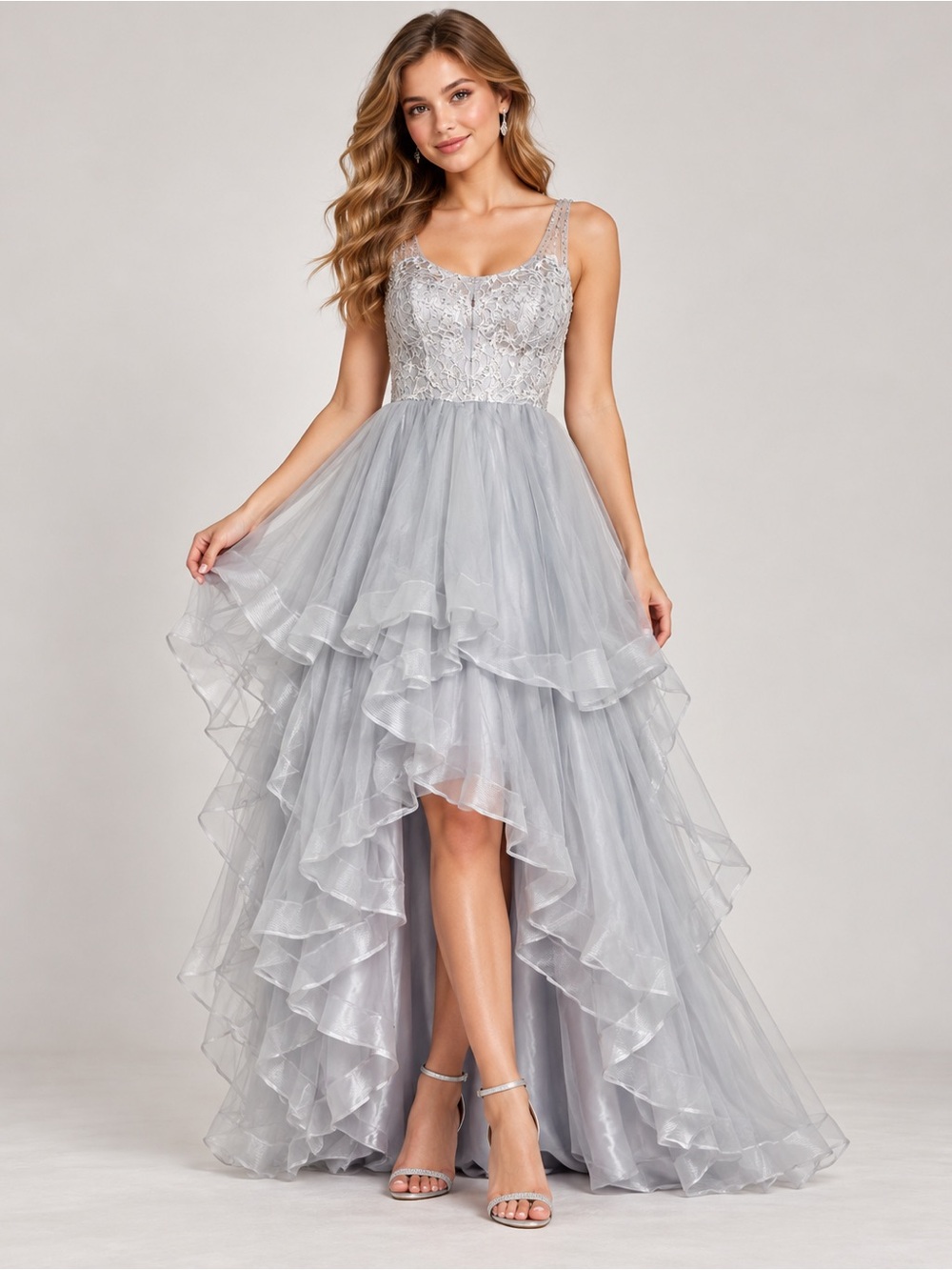 Frugals Silver Gray Lace High-Low Ruffle Formal Dress – Size L